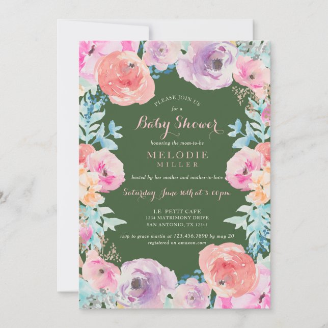 Invitation florale vintage verte rose de baby (Devant)