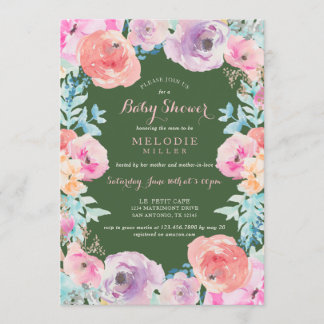 Invitation florale vintage verte rose de baby