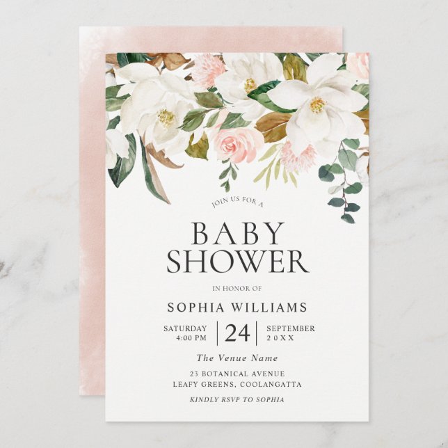 Invitation Florales blanches et blanches Beau Baby shower (Devant / Derrière)