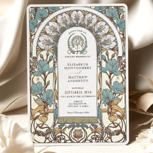 Invitation Florales bleues & Accents dorés Art Nouveau Mariag