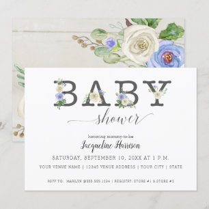 Invitation Florales bleues et blanches rustiques  Baby shower