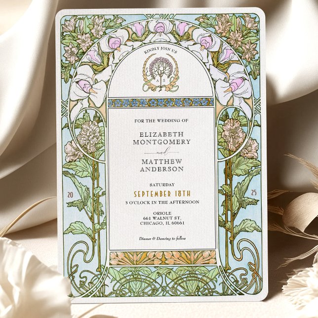 Invitation Florales bleues et bleues Art nouveau Mariage (Créateur téléchargé)