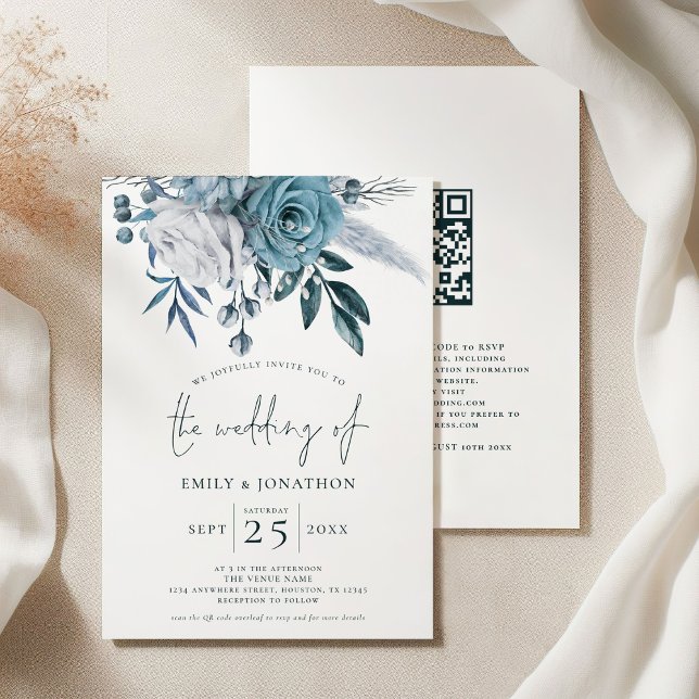 Invitation Florales bleues modernes QR Code Mariage (Front and back view)