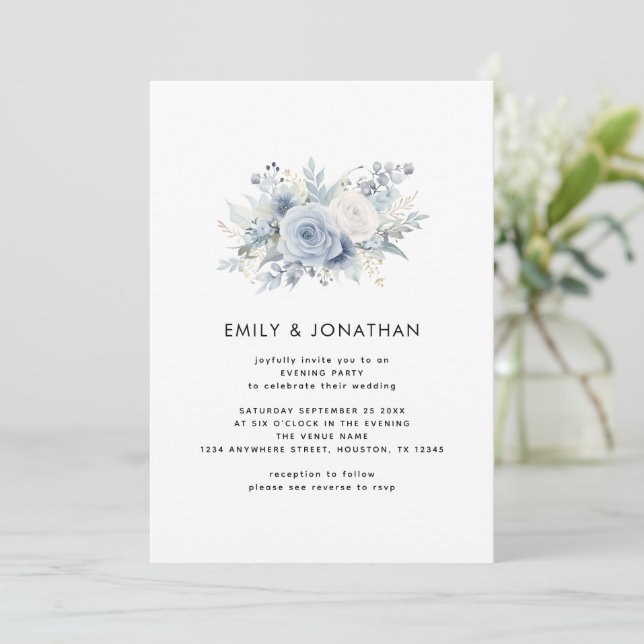 Invitation Florales bleues modernes QR Code Mariage Soirée (Debout devant)