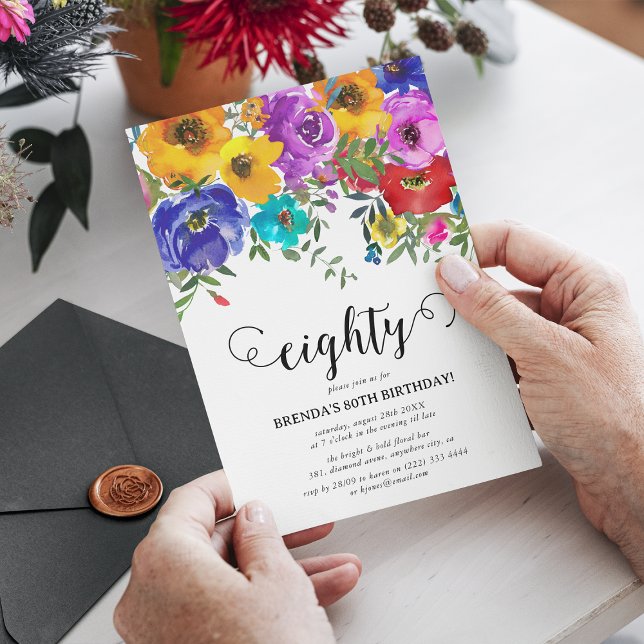 Invitation Florales brillantes et audacieuses 80e anniversair (Créateur téléchargé)