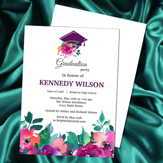 Invitation Florales colorées brillantes et audacieuses Gradua (Celebrate your graduate’s big day with this elegant floral watercolor invitation. #Zazzlegraduation)