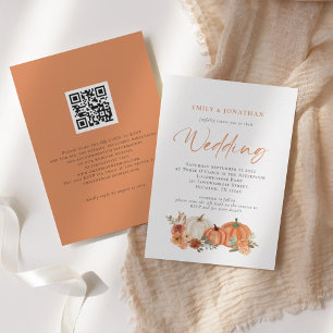 Invitation Florales d'automne Citrouille orange QR Code Maria