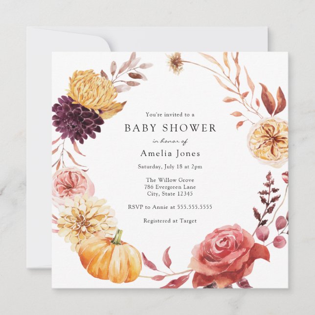 Invitation Florales d'automne et Baby shower Citrouille Invit (Devant)