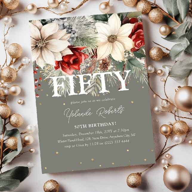 Invitation Florales de Fête d'Hiver 50e Anniversaire (Créateur téléchargé)