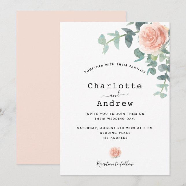 Invitation Florales d'or rose verdure mariage élégant (Devant / Derrière)