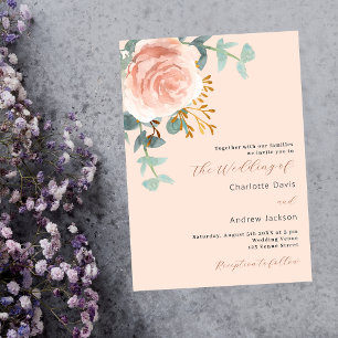 Invitation Florales d'or rose verdure pêche mariage