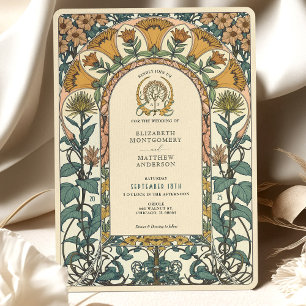 Invitation Florales dorées et vertes Mariage Art nouveau