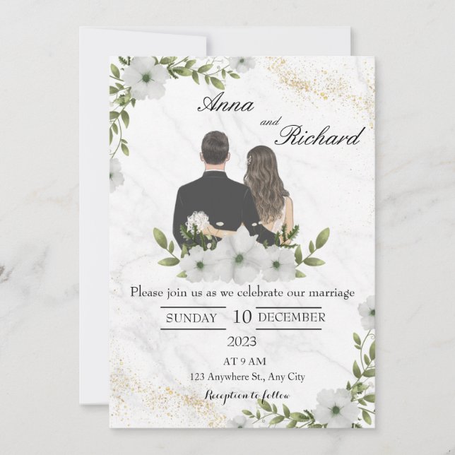 Invitation Florales en couple et blanc illustrées (Devant)