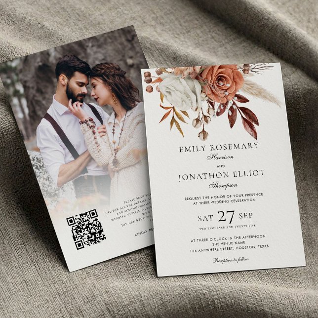 Invitation Florales en terre cuite rustique Photo QR Mariage  (Front and Back view)