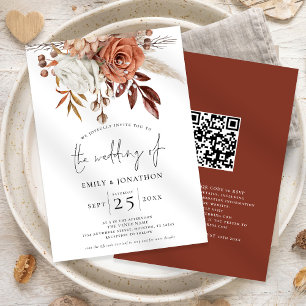 Invitation Florales en terre cuite rustique QR Code Mariage