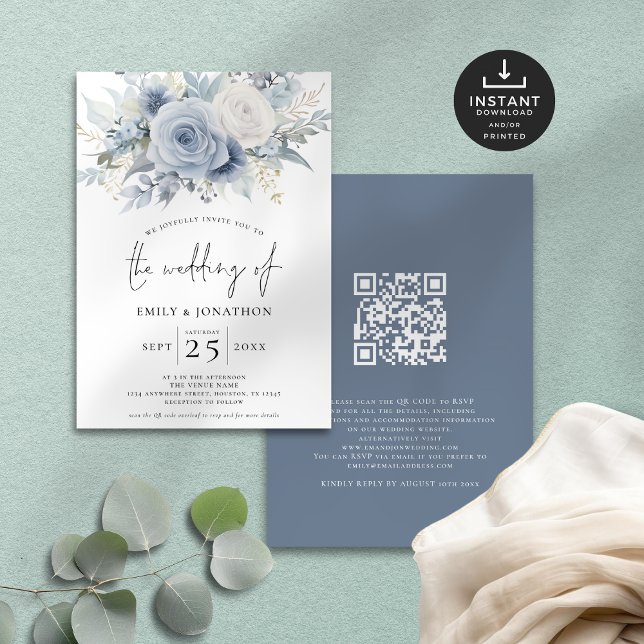 Invitation Florales modernes QR Code Dusty Mariage bleu (Front and back view)