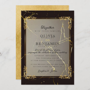 Invitation Florales Royal Gold Frame & Mariage noir marbré
