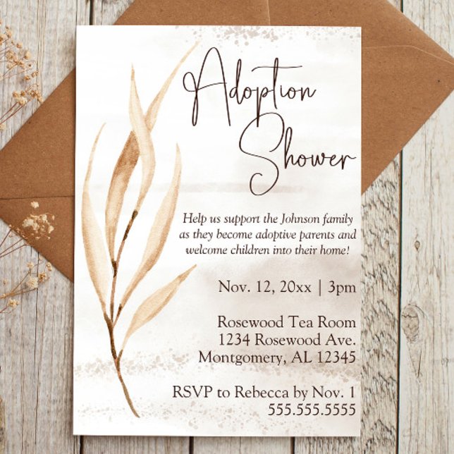 Invitation Florales séchées Boho Adoptive Baby/Enfant Douche (adoption baby shower invitation with brown script text and boho dried floral elements)