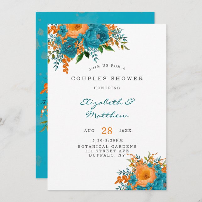 Invitation Florales turquoises et orange Couples Douche (Devant / Derrière)