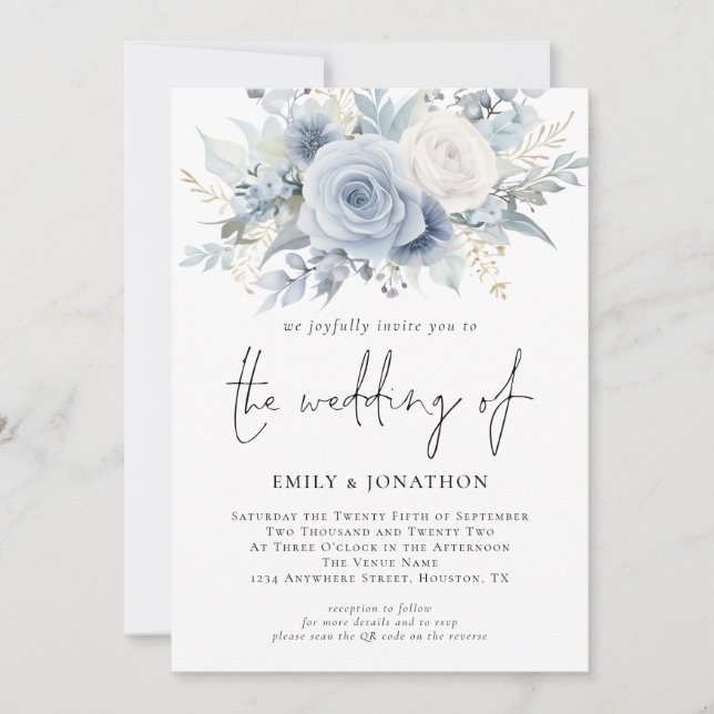 Invitation Florals 3 Photos QR Code Dusty Blue Mariage (Devant)