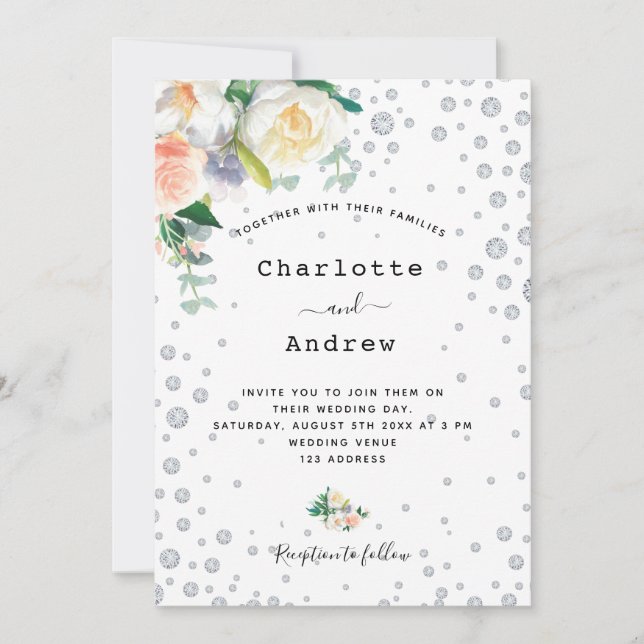 Invitation Florals blanc rose or glamour mariage (Devant)
