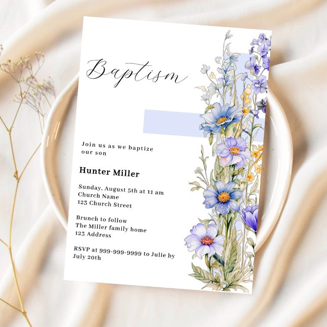 Invitation Florals bleu croix garçon Baptême (Créateur téléchargé)