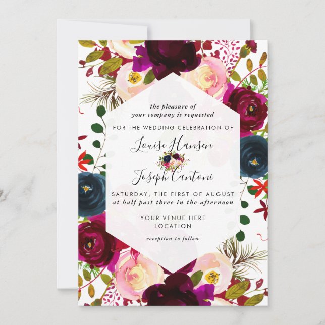 Invitation Florals Burgundy Blush Navy Mariage d'aquarelle (Devant)