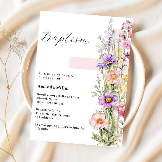 Invitation Florals croix rose fille Baptême (Créateur téléchargé)