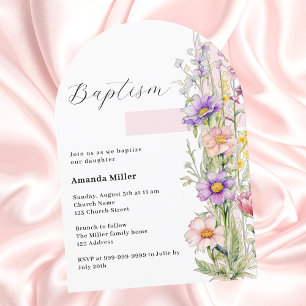 Invitation Florals croix rose fille Baptême arche