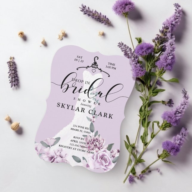 Invitation Florals Robe Mariage Blanche Drop En Fête des mari (Florals White Wedding Dress Drop In Bridal Shower Invitation)