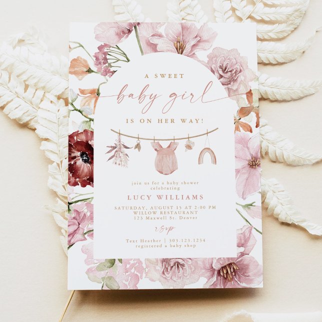 Invitation Florals Sweet Baby Girl Clothesline Baby shower (Créateur téléchargé)