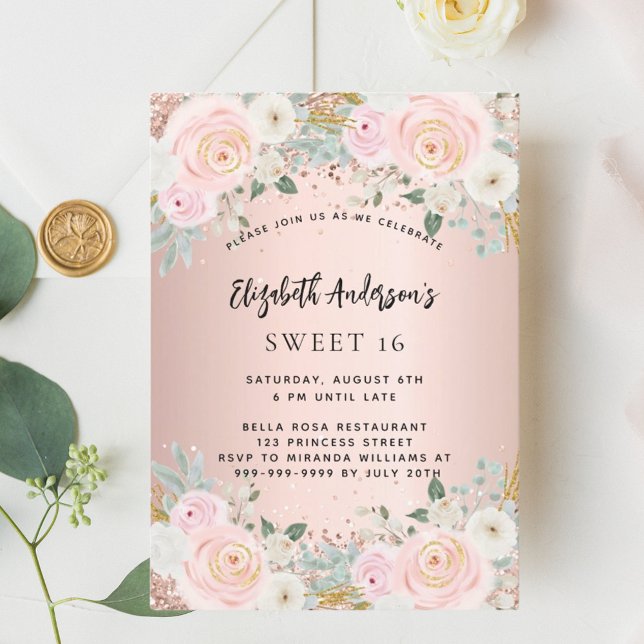 Invitation Floraux blanc or rose Sweet 16 luxe (Créateur téléchargé)