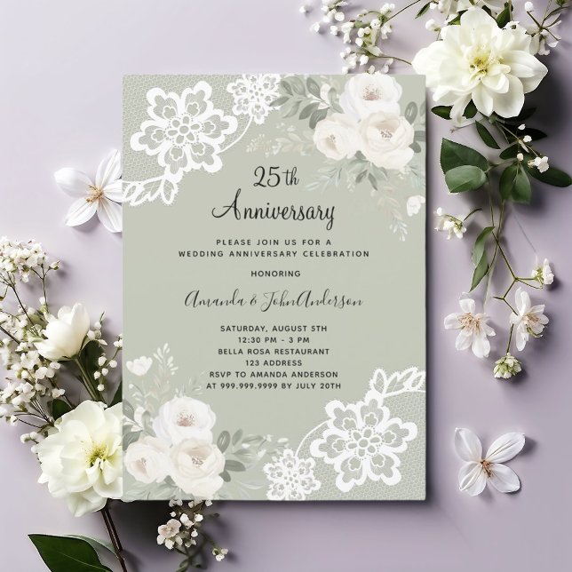 Invitation Floraux blancs sauge vert 25e anniversaire mariage (Créateur téléchargé)