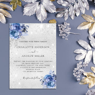 Invitation Floraux bleu argent élégant mariage de luxe