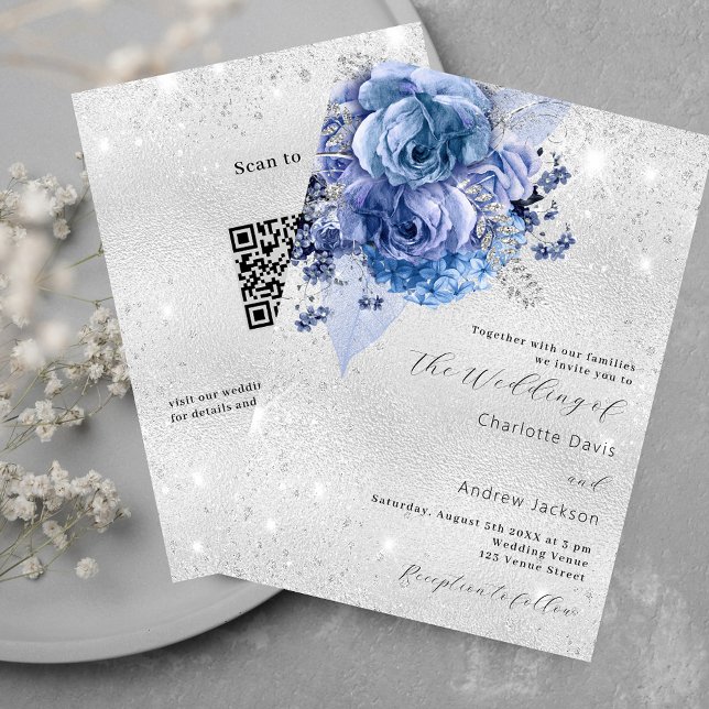 Invitation Floraux bleu argent QR RSVP détails mariage de lux (Créateur téléchargé)