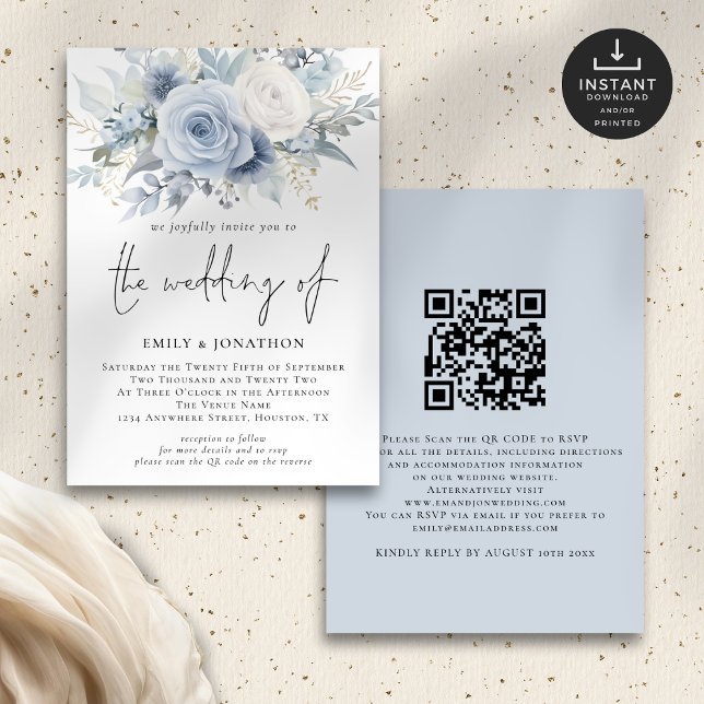 Invitation Floraux bleu-Dusty moderne Mariage de code QR (Front and back view)