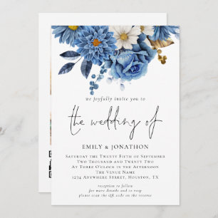 Invitation Floraux bleu marine moderne 3 Photos Mariage