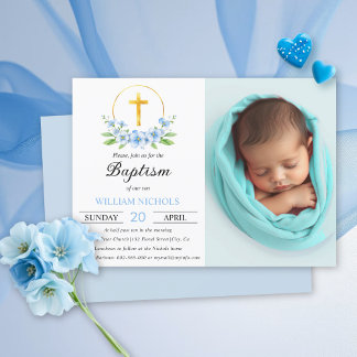 Invitation Floraux bleus et croix d'or garçon baptême photo