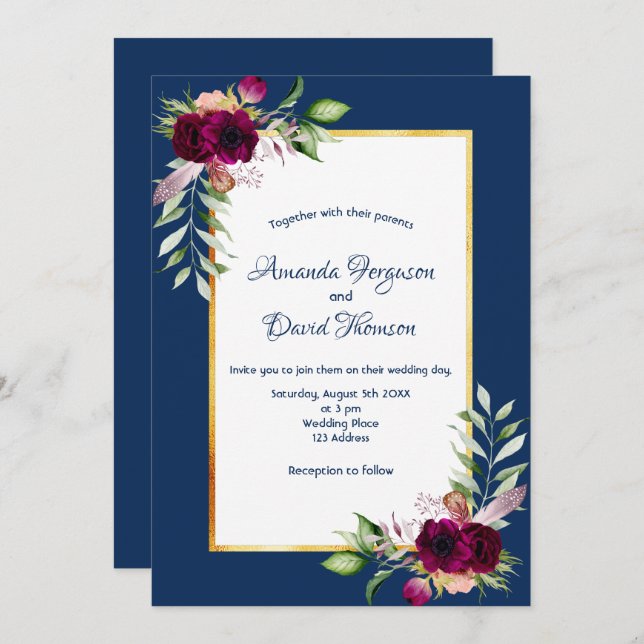 Invitation Floraux Bourgogne or vert boho bleu mariage (Devant / Derrière)