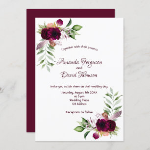 Invitation Floraux Bourgogne or vert boho mariage