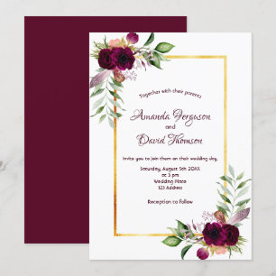 Invitation Floraux Bourgogne or vert boho mariage