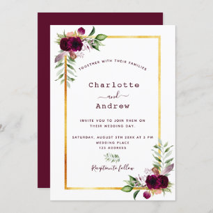 Invitation Floraux Bourgogne or vert boho mariage