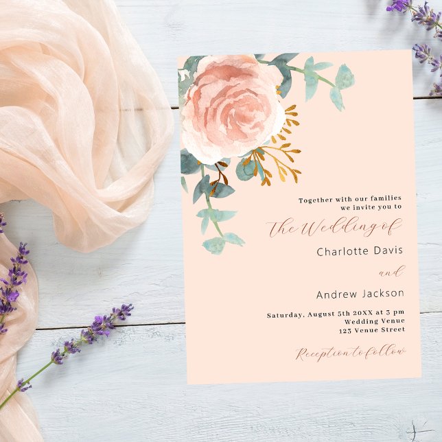 Invitation Floraux d'or rose verdure pêche luxe mariage (Créateur téléchargé)