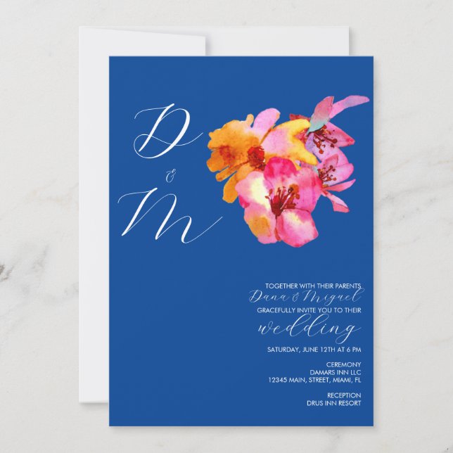 Invitation Floraux lumineux Monogramme bleu Mariage (Devant)