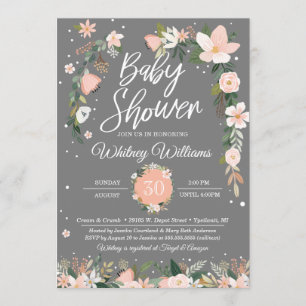 Invitation Floraux lunatiques rougissent baby shower gris
