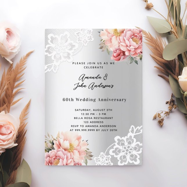 Invitation Floraux rose argent 60e anniversaire mariage (Créateur téléchargé)