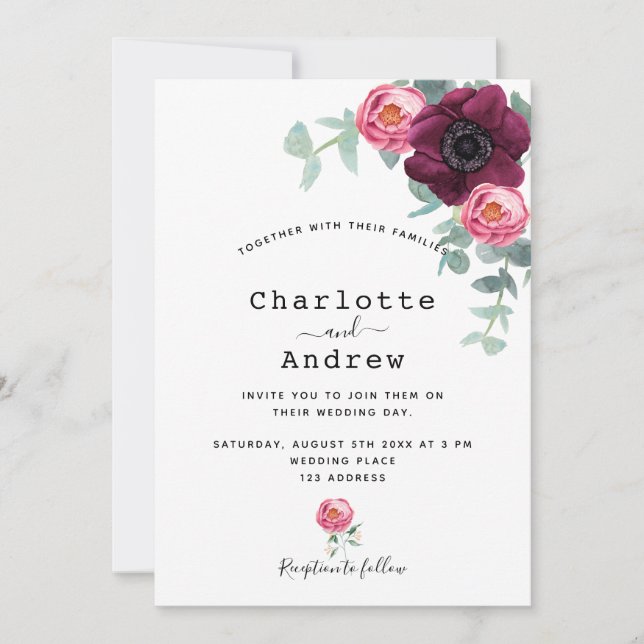 Invitation Floraux rose Bourgogne verdure mariage élégant mar (Devant)