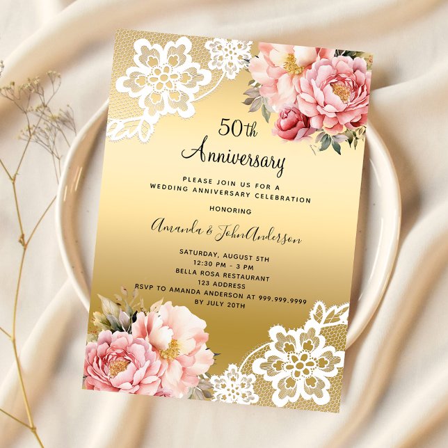 Invitation Floraux rose or 50e anniversaire de mariage (Créateur téléchargé)