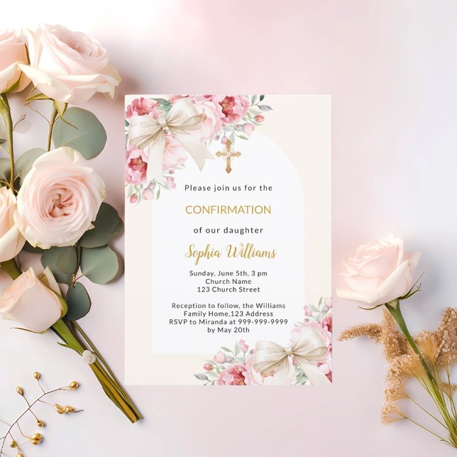 Invitation Floraux roses arc arc beige Confirmation (Créateur téléchargé)