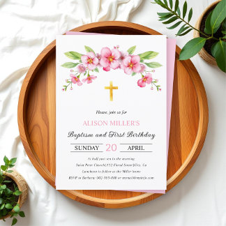 Invitation Floraux roses or croix baptême et premier annivers